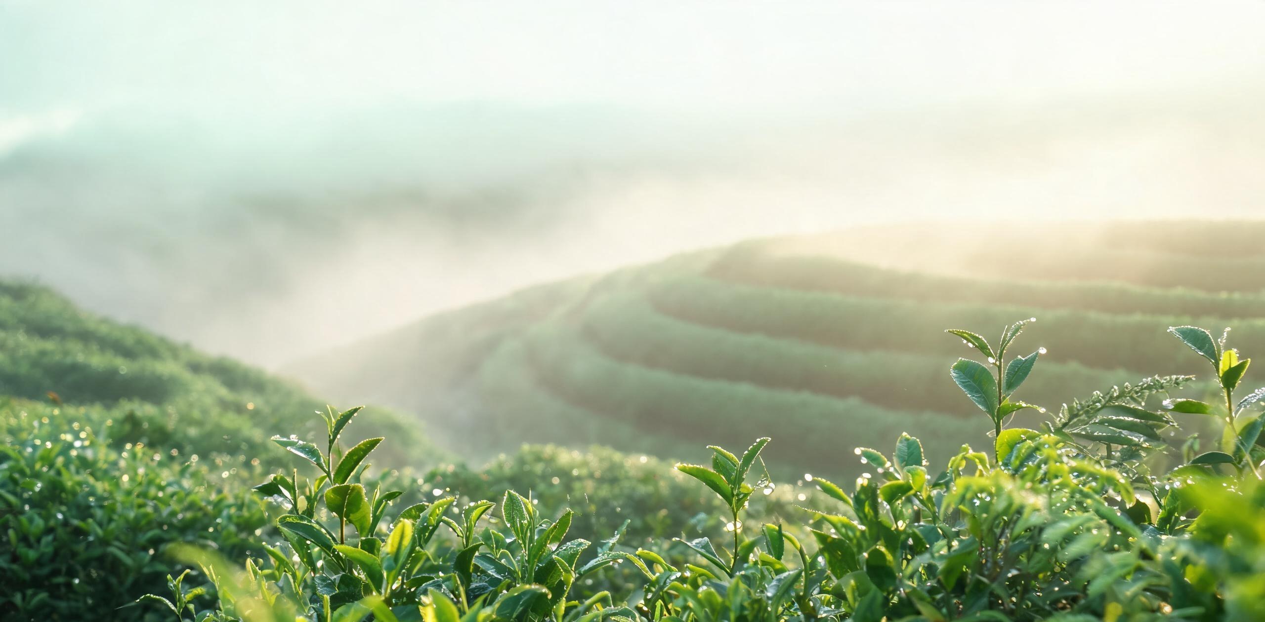 清晨薄雾中的绿色茶园